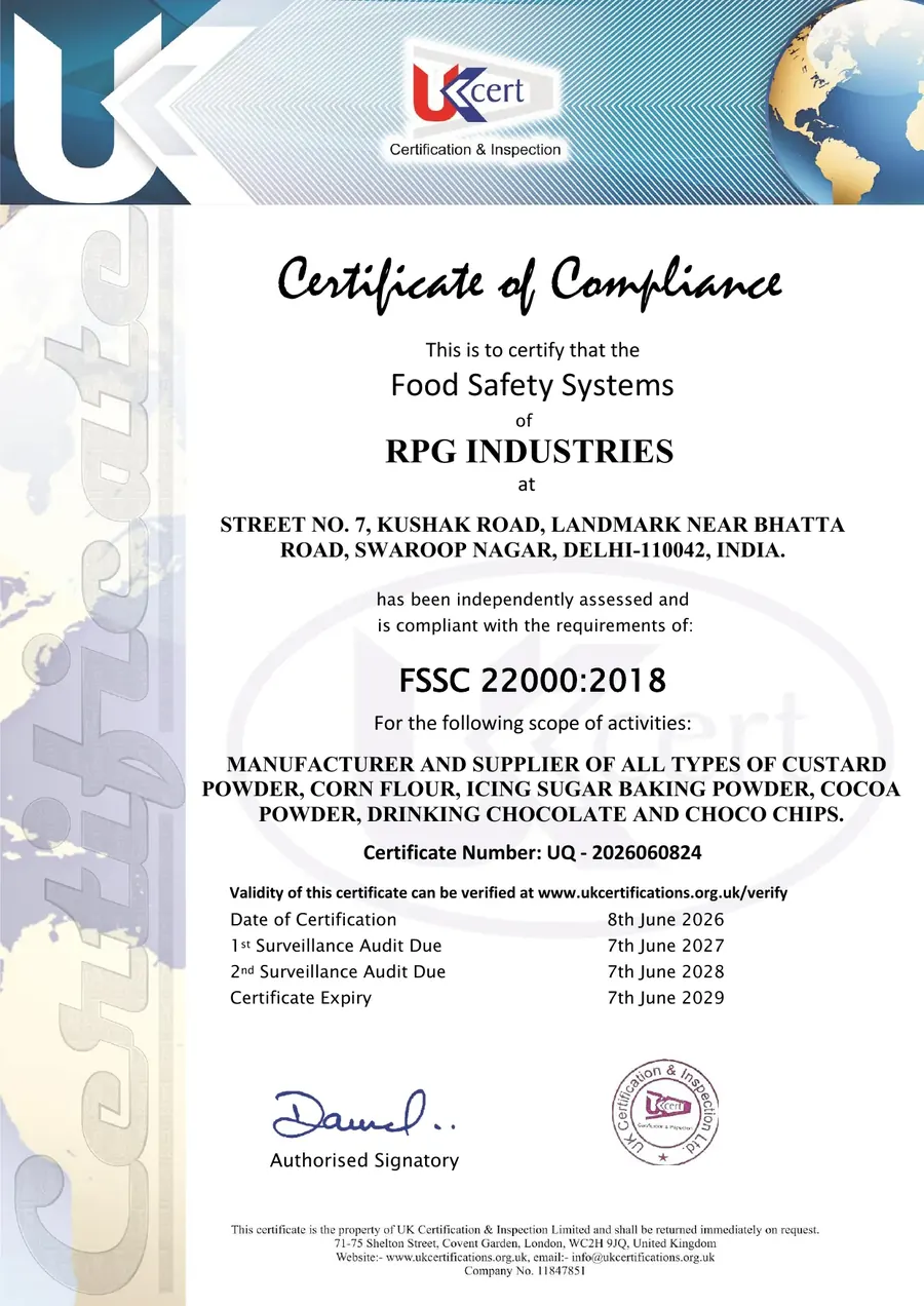 FSSC 22000:2018 Certificate of Compliance — RPG Industries, Cert No. UQ-2026060824, Valid till 7th June 2029